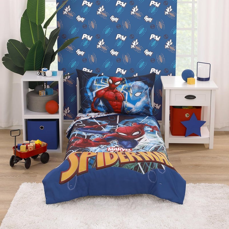 NoJo Marvel Spiderman to The Rescue Red, White, and Blue 4 Piece Toddler Bed Set - Comforter, Fitted Bottom Sheet, Flat Top Sheet, and Reversible Pillowcase - Image 1